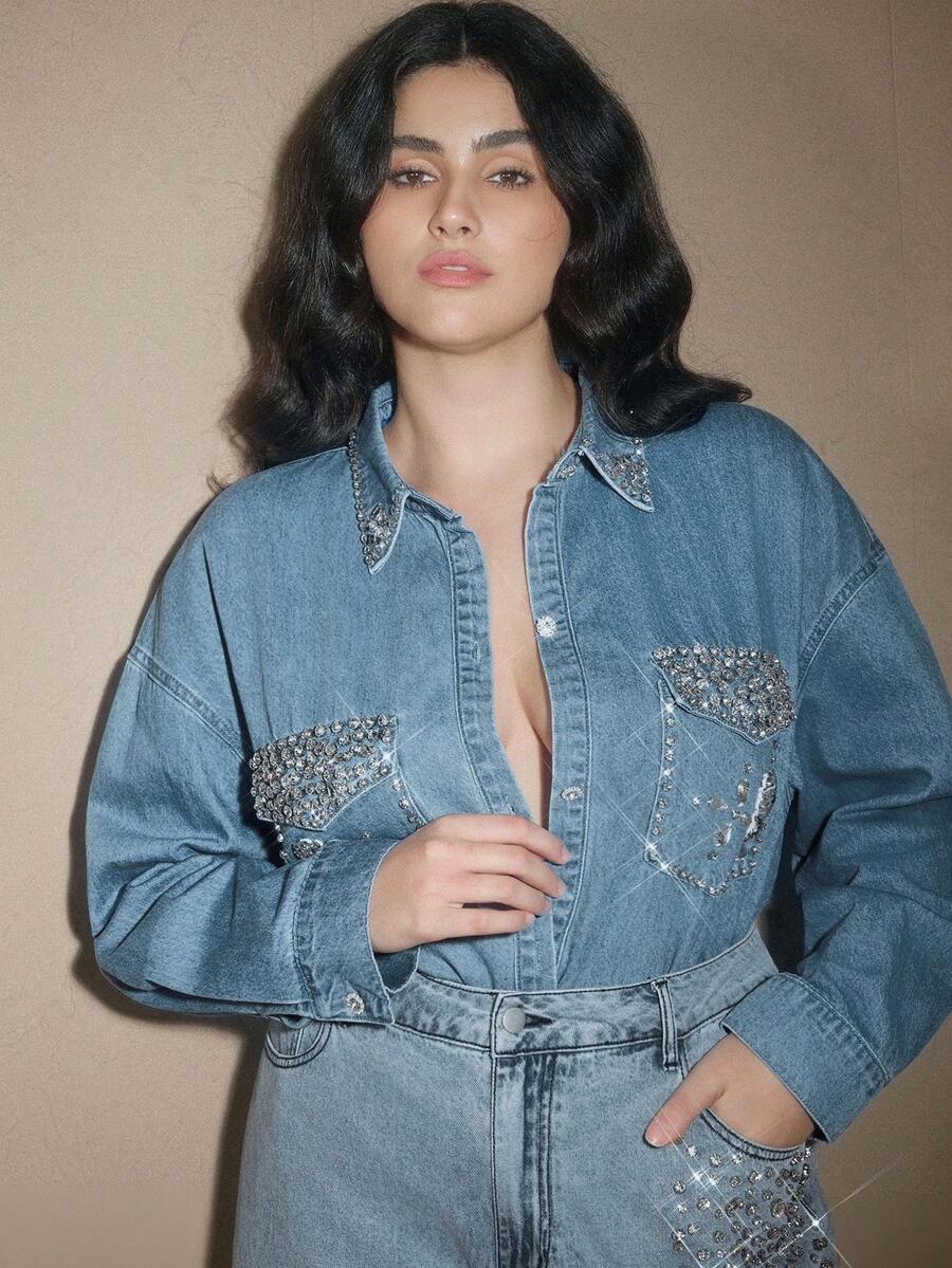 Anewsta Áo khoác denim xanh thường ngày đính kim cương thủ công Y2K Fashion dành cho nữ - Màu xanh lam - Xem 1