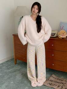 DAZY V-Neck Loose Knit Long Sleeve Top & Pants 2 Pieces Lounge Set For Women, Casual Loungewear For Autumn/Winter, Cozy Outfit Thermal Lined Clothes - Pink - View 7
