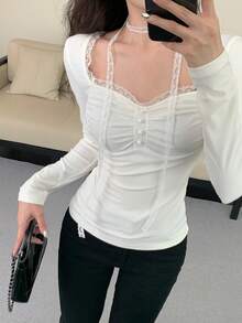 DAZY 女士优雅系带长袖 T 恤，春/秋 - 白色 - 查看 3