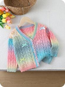 SHEIN Playful Pals 女童随机渐变镂空扭结缎带蝴蝶结纽扣针织开衫，柔软舒适，适合日常、户外、旅行、度假、居家、托儿所、女童玩耍穿着，秋冬季圣诞节万圣节毛衣 - 彩色 - 查看 2