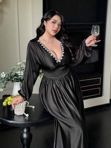 Flirla Vestido ajustado de unicolor, vintage, romántico y elegante con escote en V - Negro - Ver 5