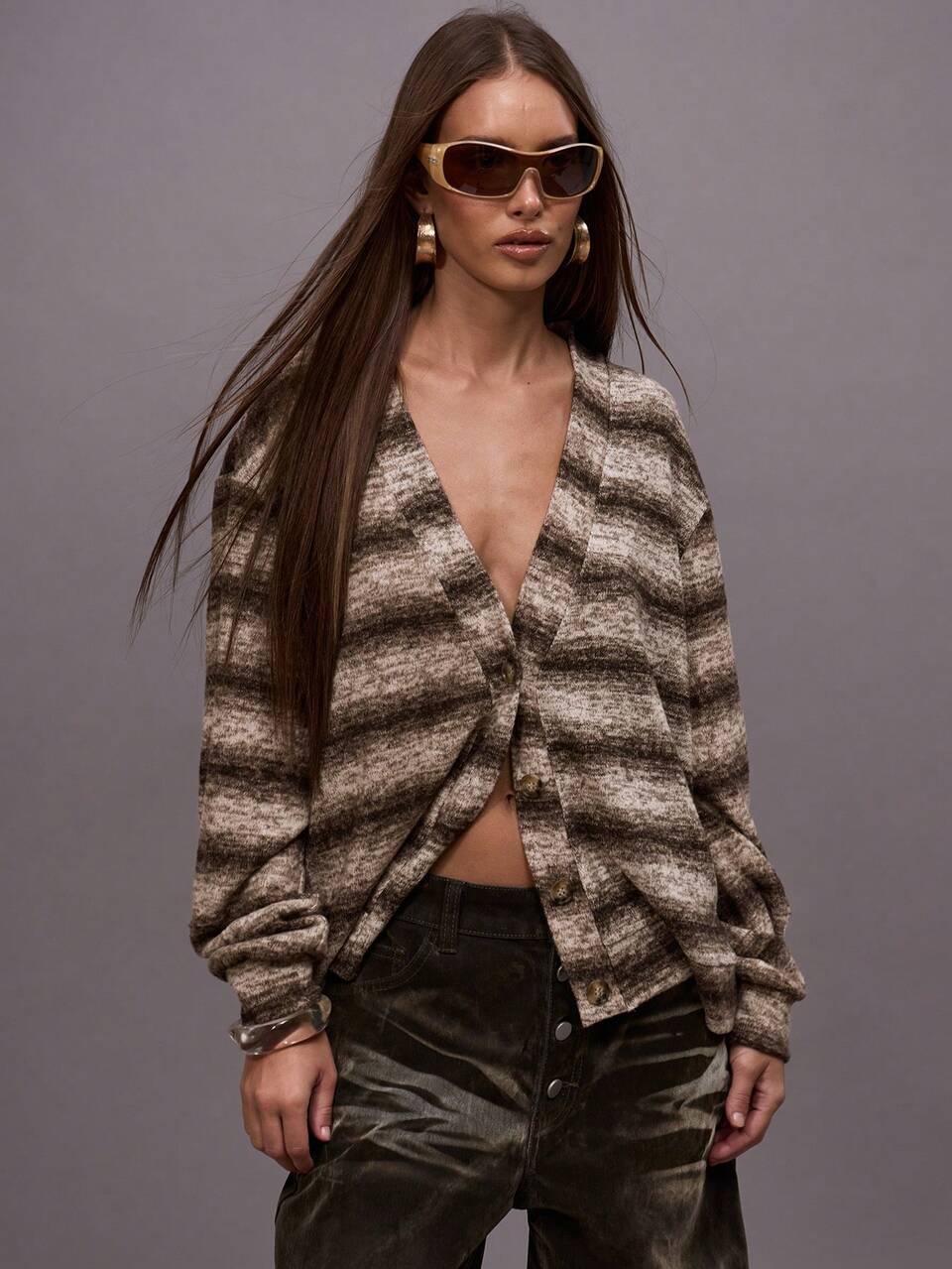 Cárdigan de punto con cuello en V ancho, abotonado, con rayas degradadas, para salir de noche, uso diario, elegante, primavera, verano, vacaciones