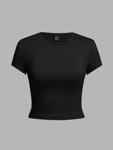 SHEIN EZwear 4 chiếc áo thun nữ cổ tròn tay ngắn màu đen, thoải mái, phù hợp cho mùa hè - màu đen - Xem 4