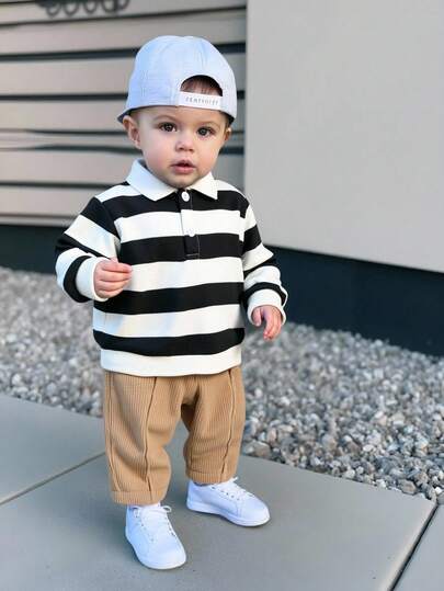 SHEIN 2 件套男婴/女婴黑白条纹领长袖运动衫和灯芯绒裤子套装，舒适百搭经典校园风格套装，适合室内、户外、日常、运动、玩耍、派对、拍照、节日、圣诞节、新年