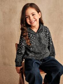 SHEIN 年轻女孩高品质黑色长袖连帽运动衫，水钻装饰宽松家庭装，秋冬 - 黑色 - 查看 7