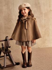 SHEIN 女童棕色羊毛斗篷披肩外套，时尚披肩领，适合全家穿着，秋冬季大衣 - 卡其色 - 查看 3