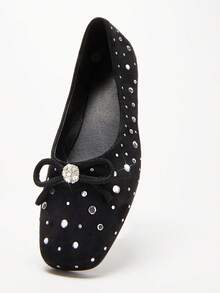 Solezae Bailarinas con strass y lazo para mujer - Negro - Ver 2