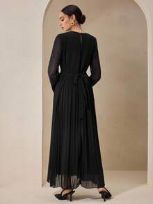 Graceveil 女式雪纺圆领褶皱喇叭形收腰长裙 - 黑色 - 查看 2