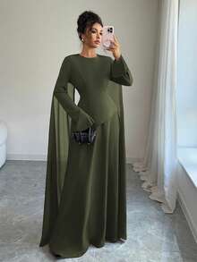 Elenzga Women's Elegant Middle Eastern Style Vintage French Chic Dress, Featuring Layered Bodice With Adjustable Cinched Waist, Flared Skirt With Chiffon Hem, Long Flared Sleeves, And Shoulder Drape Details, Suitable For Parties, Autumn/Winter - Army Green - View 4