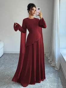 Elenzga 女士优雅中东风格复古法式别致连衣裙，采用分层裙摆，可调节束腰，喇叭袖和肩部垂坠，适合派对，秋冬季 - 酒紅色 - 查看 3