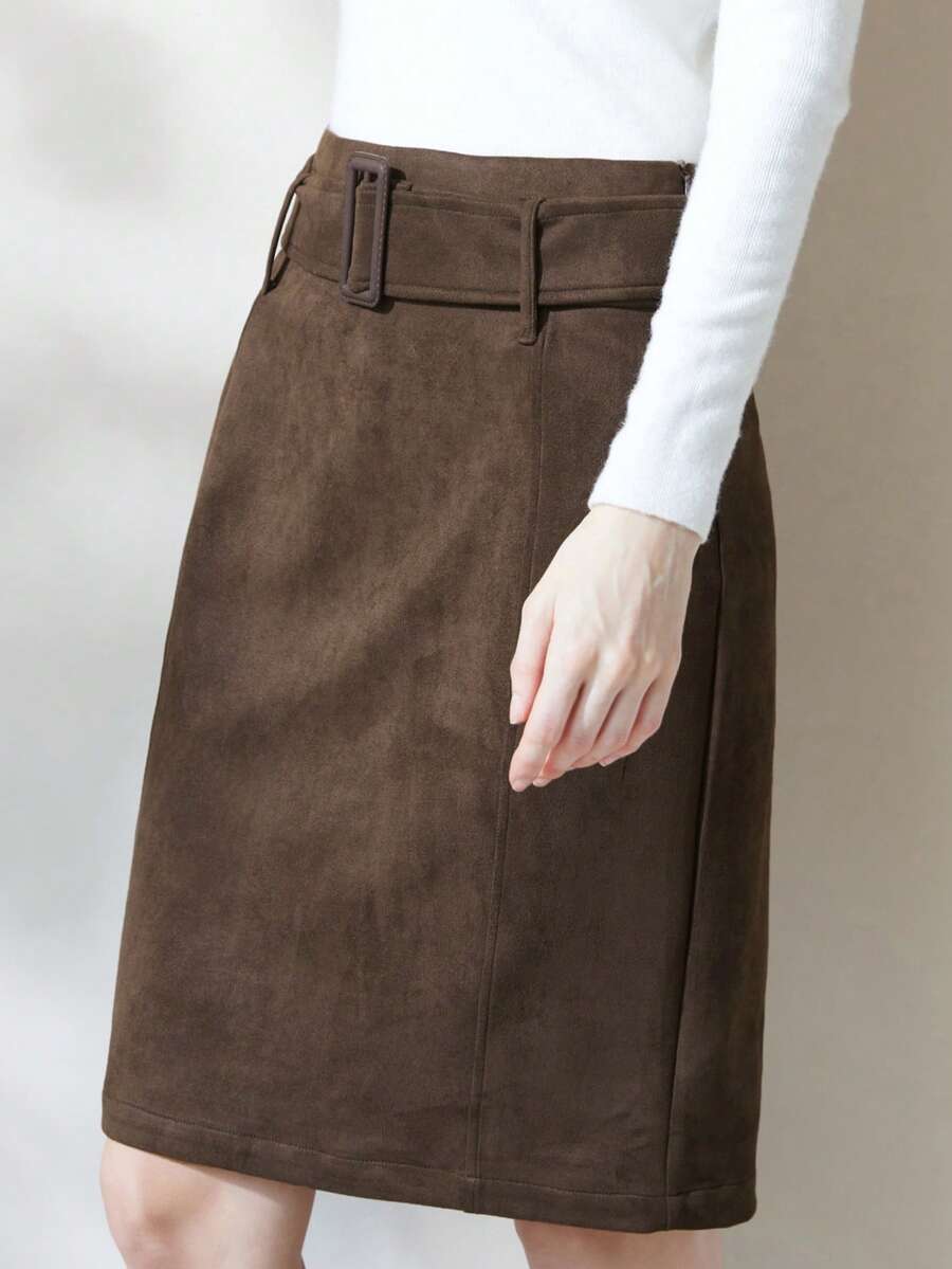 Aveloria Modichic 女装秋冬时尚欧美风格仿麂皮腰带宽松休闲复古通勤优雅半身裙 - 棕色 - 查看 1
