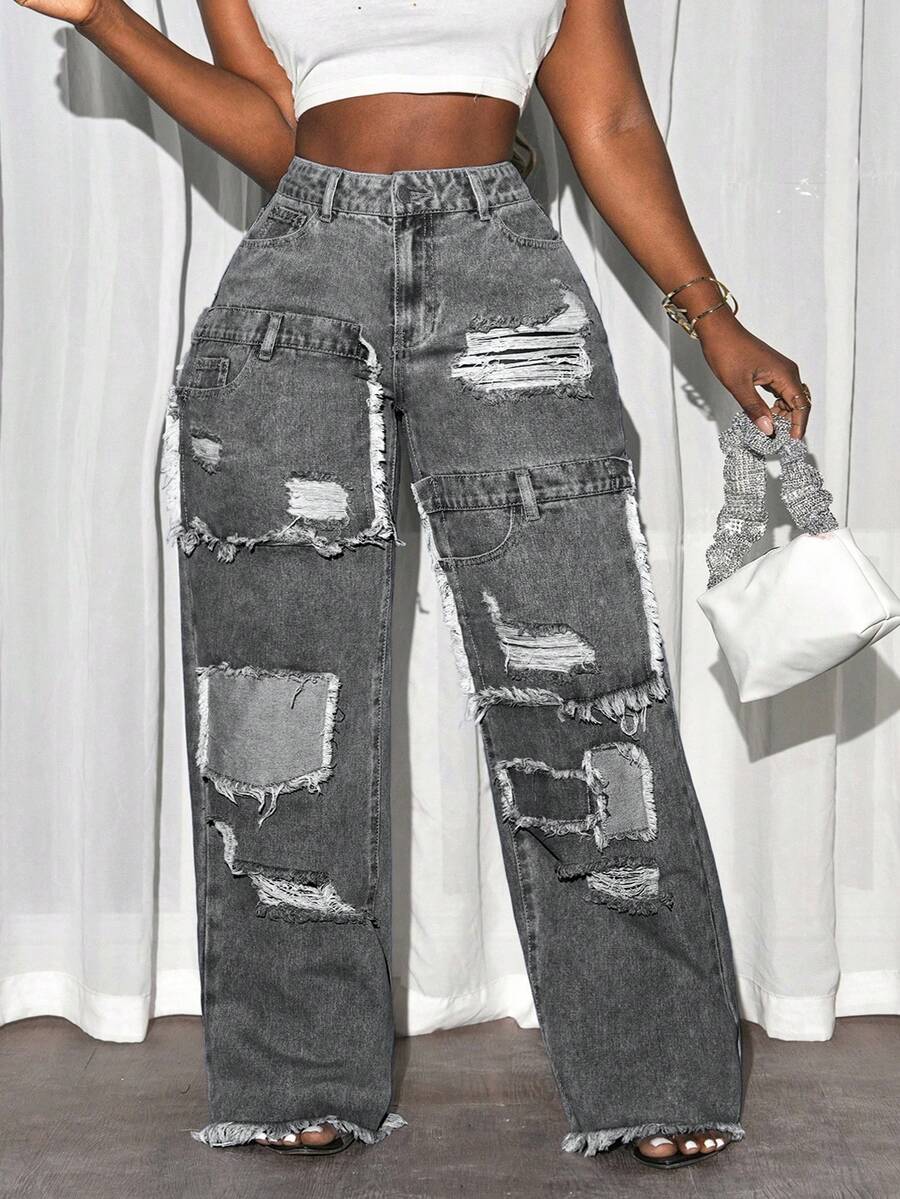 Slaydiva Plus Size Distressed Pocket Casual Loose Fit Jeans - Dark Grey - View 1