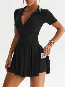 Dewbera Women's Spring/Autumn Sports Dress, Short Sleeve, Front Ruched Polo Collar With Button, Ruched Skirt With Built-In Shorts And Pockets, Suitable For Daily Casual Wear, Running, Yoga, Gym, Tennis, Golf Swimming Ballerina