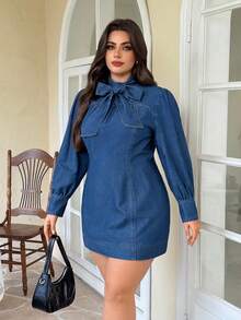 EMERY ROSE Plus Size Women's Knotted Collar Denim Long Sleeve Dress - Medium Wash - View 5