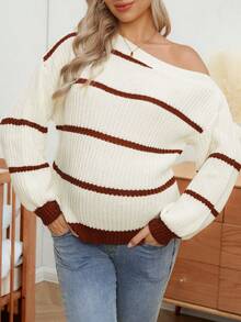 SHEIN Maternity Casual Colorblock Striped Asymmetric Neck Sweater, Autumn/Winter - Multicolor - View 1