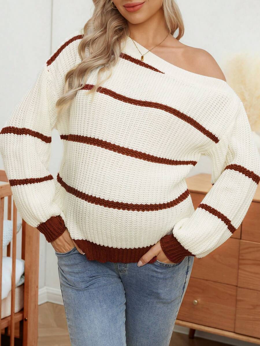 SHEIN Maternity Casual Colorblock Striped Asymmetric Neck Sweater, Autumn/Winter - Multicolor - View 1