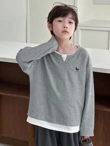 DAZY 青少年男孩独角兽印花长袖休闲二合一T恤，秋季 - 灰色 - 查看 7