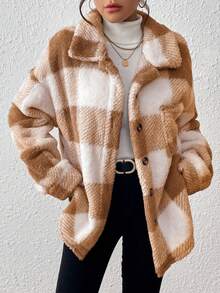 INAWLY 女士秋冬时尚通勤格子常规夹克 - 駝色 - 查看 4