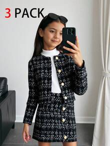 Tween Girl Urban Chic 长袖夹克、高领 T 恤和迷你裙套装 - 黑色 - 查看 2
