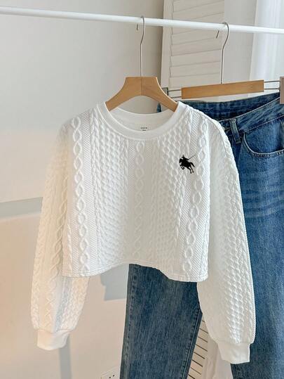 SHEIN 少女白色纹理针织加厚圆领短款宽松运动衫秋冬女童服装