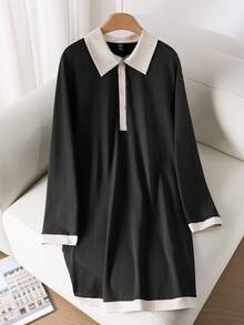 CosyJoli Rochie casuală cu guler polo, model block, tricotată, cu mânecă lungă, mărime plus - Negru - Vizualizare 1