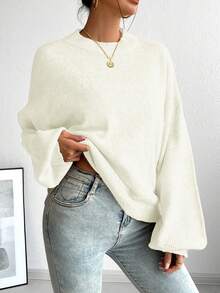 SoleilVie Sweater Rajut Lengan Panjang Kerah Bulat Model Longgar Gaya Prancis Kasual, Serbaguna untuk Musim Gugur/Musim Dingin - Krem - View 6