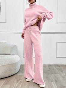 EURMUSE High Neck Drop Shoulder Sweater & Ribbed Pant Set - Baby Pink - View 6