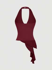 SHEIN MOD 女式休闲露背系带金属扣合身不对称下摆背心 - 酒紅色 - 查看 2