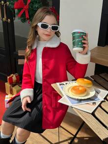 Tween Girls' Casual Minimalist Fuzzy Decor Lapel Long Sleeve Coat With Pockets, Autumn/Winter - Red - View 6