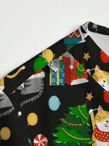 PopScrub 加大码女式圣诞猫拆礼物、圣诞树和彩灯印花 V 领短袖束腰上衣，带口袋和耳孔，适合护士制服 - 彩色 - 查看 4