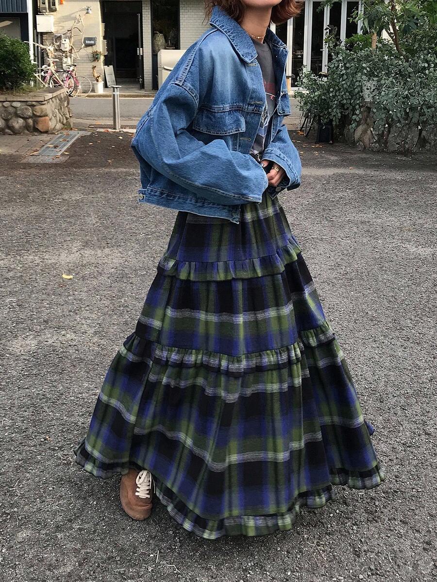 FRIFUL 格子荷叶边休闲宽松百搭日常女裙 - 藍色 - 查看 1