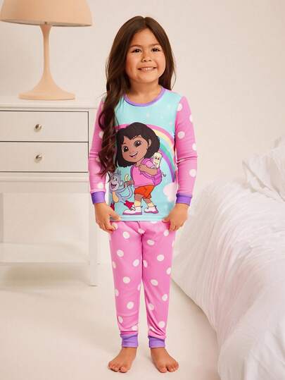 DORA | SHEIN 2pcs/Set Young Girl Cute Cartoon Dora, Monkey, Rainbow, Polka Dot Print Contrast Color Round Neck Long Sleeve Knit Loungewear Pajamas Set