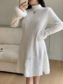 Feyla Đầm thời trang cổ lọ màu trơn chắp vá tay bồng bềnh cho nữ, Thu/Đông - Màu be - Xem 5