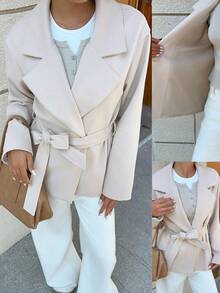 SHEIN Unity Women's Autumn/Winter Casual Fashion Tie-Waist Lapel Overcoat - Apricot - View 1