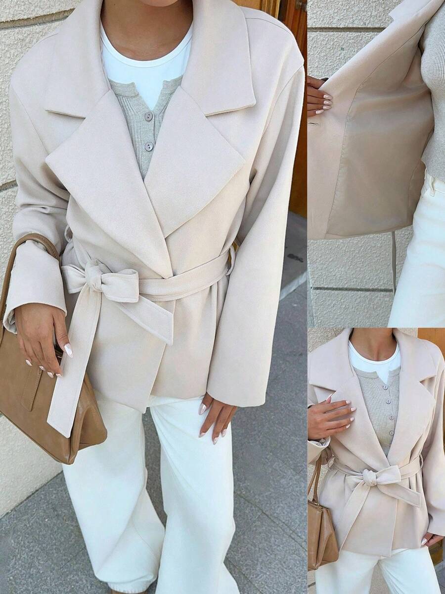 SHEIN Unity Women's Autumn/Winter Casual Fashion Tie-Waist Lapel Overcoat - Apricot - View 1