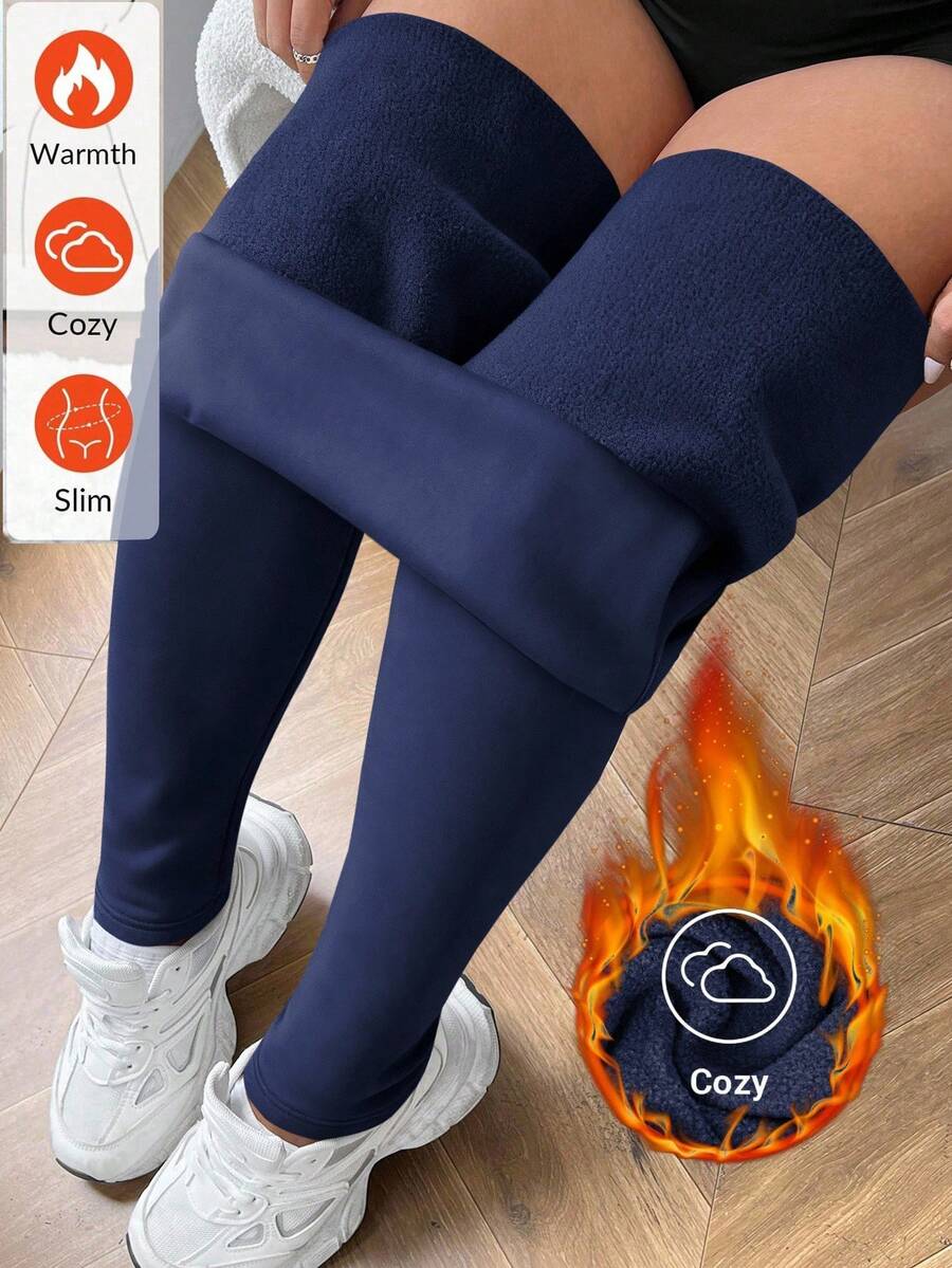 SHEIN CURVE+ Quần legging giữ nhiệt dày lót lông màu đen cỡ lớn cho mùa đông - Màu xanh hải quân - Xem 1