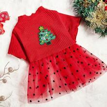 PETSIN 1pc Pet Christmas Red Knitted Flocked Polka Dot Mesh Embroidered Christmas Tree Dog Dress - Multicolor - View 10