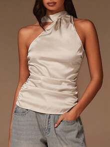 Athîral Women's Party Elegant Top, New Year, Simple Solid Color Halter Neck Satin Top - Champagne - View 5