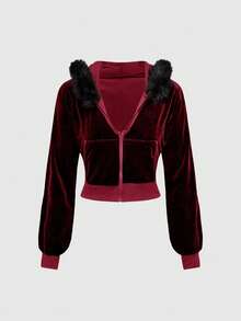 ROMWE Grunge Punk Y2K Velvet Cropped Hoodie And Low-Waist Flare Pants 2Pcs Set For Women