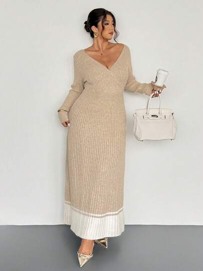 Firerie 大码女式拼色V领长袖优雅针织毛衣裙，秋冬