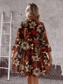 EMERY ROSE Casual Retro Floral & Maple Leaf Pattern Women Short Dress, Suitable For Spring, Early Autumn - Multicolor - View 2