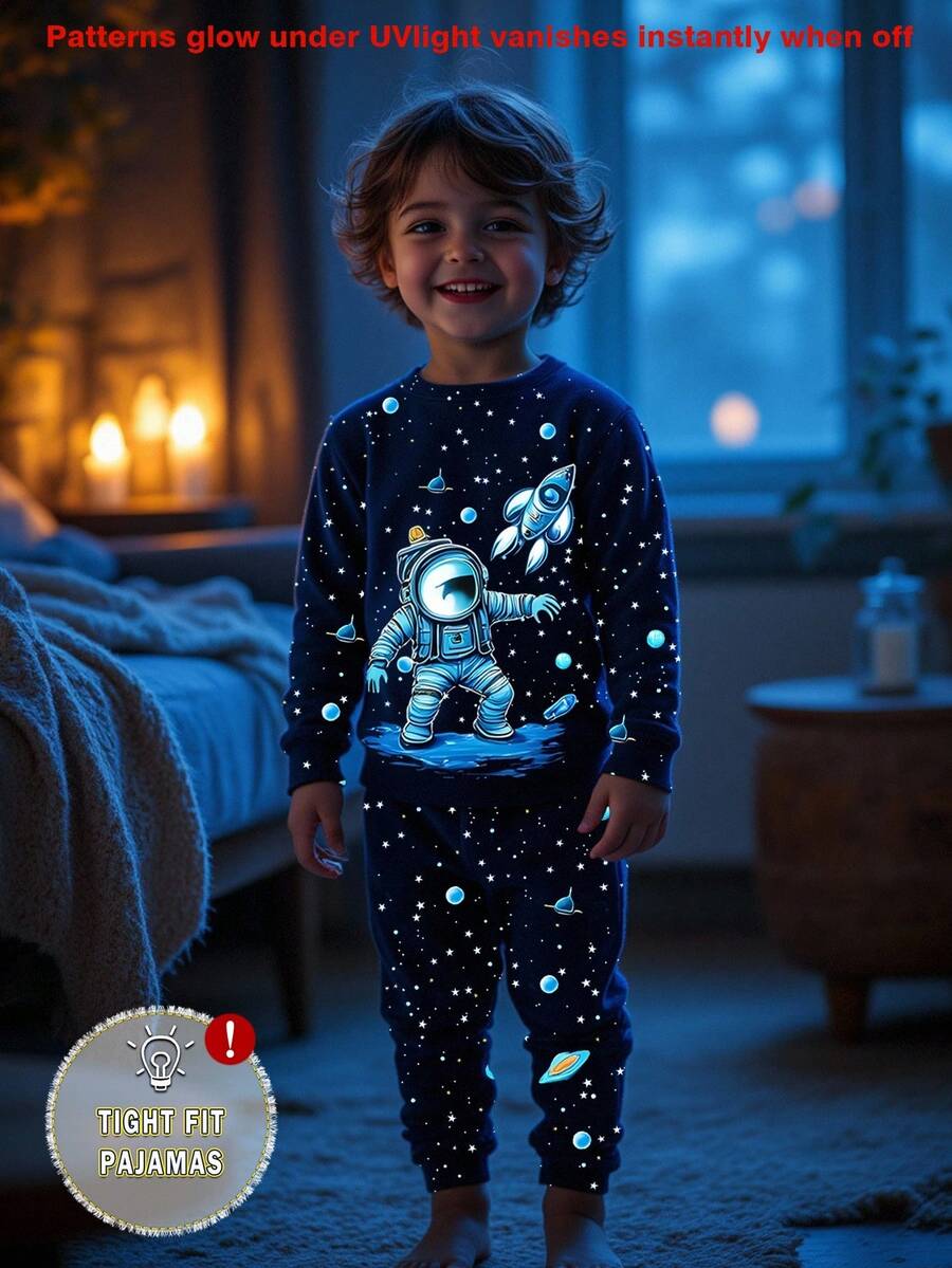 1 conjunto de pijama de manga comprida e calça com estampa de estrela que brilha no escuro e astronauta para menino, outono