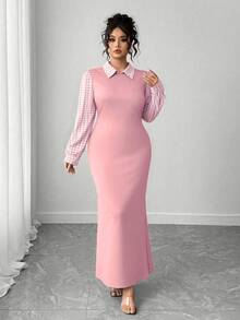 Elenzga Vestido elegante, casual y romántico para mujer de talla grande con cuello de pata de gallo, parches y cintura fruncida - Rosa - Ver 3