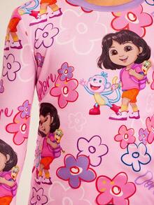 DORA | SHEIN 2pcs/Set Young Girl Cute Floral & Cartoon Figure Graphic Crew Neck Long Sleeve Top And Leggings Casual Pajama Set - Pink - View 4