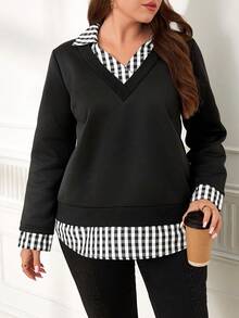 EMERY ROSE Plus Size Women Plaid Patchwork Long Sleeve Casual Sweatshirt, Autumn New Year Look  Plaid Sweatshirt Maija Fall Winter 2025 Fall/Winter Party Elegant Dress Women Black Top - Black - View 1