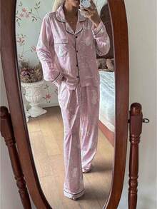 CottageSlumber Floral & Rabbit Print Long Sleeve Top & Pants Pajama Set With Collar, Fall Winter Clothes - Pink - View 5