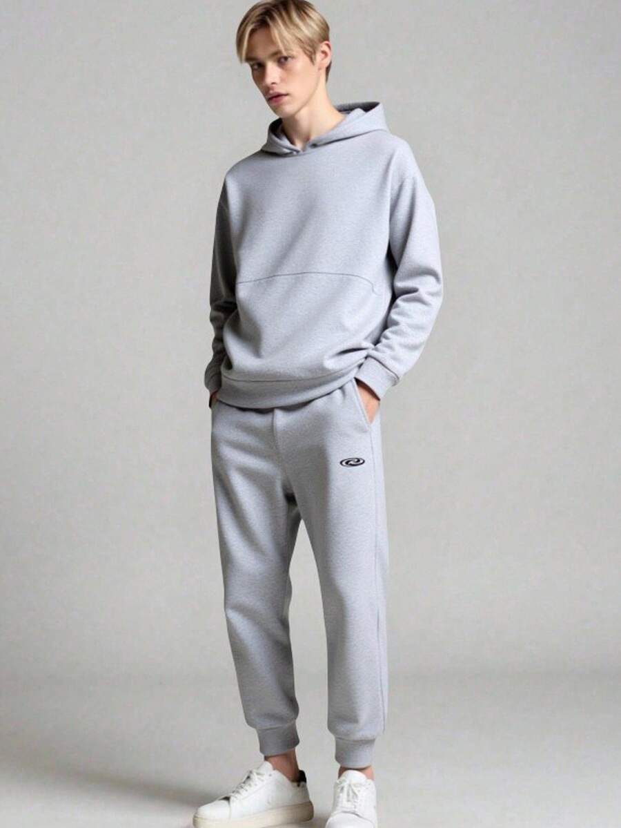 SHEIN Teenager Boys'Casual Streetwear Hoodie And Sweatpants Set,Autumn Back-To-School Graduation 2 Piece Solid Embroidery Tracksuit Jogging Clothes - Light Grey - View 1