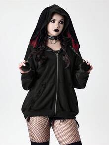 ROMWE Grunge Punk 秋季女装亚文化格子拼接金属环人造毛皮拼接宽松长袖拉链卫衣 - 黑色 - 查看 6