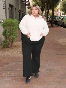 Enliva Melanieangelese Plus Size Autumn/Winter Casual Solid Color Wide-Waist Thickened Pants, For Apple Rounded Body Shape