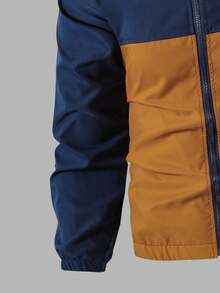 Vacaura 2pcs/Set Teen Boys Street Cool Hooded Jacket & Casual Pants Set, Navy Blue & Orange Patchwork, Zipper, Suitable For Teens/Students - Navy Blue - View 4